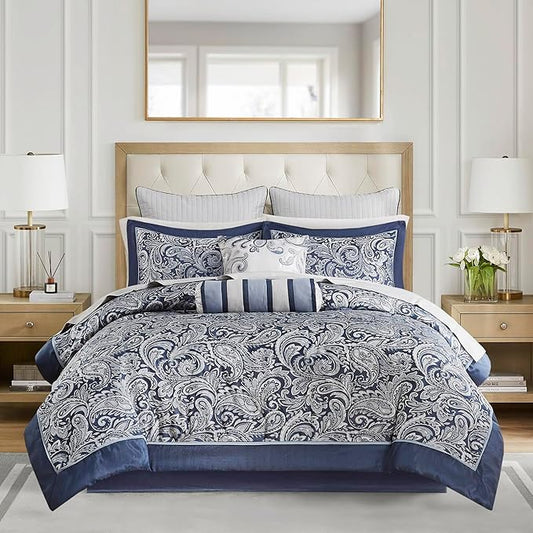 Madison Park Aubrey Cozy Comforter Set, Faux Silk Jacquard Paisley Design - All Season Down Alternative Bedding with Cotton Bed Sheets, Bed Skirt & Toss Pillows, Queen Navy 12 Piece