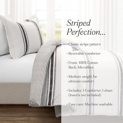 Lush Decor Farmhouse Stripe Reversible Cotton Comforter Set, 2-Piece, Twin XL Black - Twin Bedding Set - Dorm Decor - Striped Comforter for Farmhouse Bedroom Decor