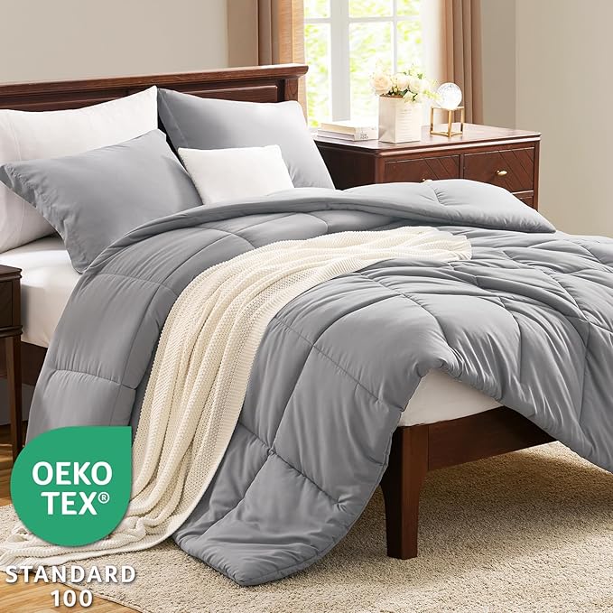 CozyLux Queen Comforter Set - Grey Comforters Queen Size, 3 Pieces Box Stitched Bed Set for All Seasons, Soft Lightweight Bedding Sets with 1 Down Alternative Comforter and 2 Pillow Shams