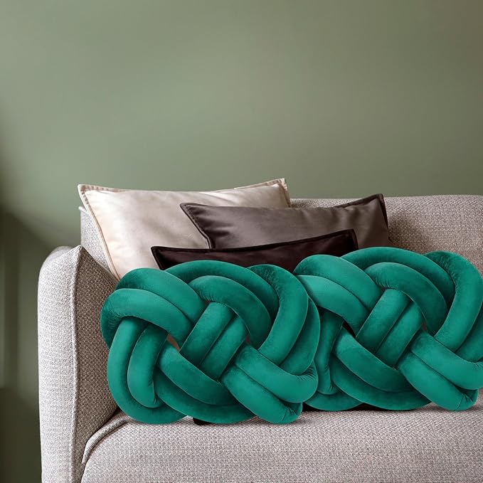 Sintuff Set of 2 Velvet Knot Pillow Ball 14 x 16 Inch Soft Decorative Knotted Throw Pillow for Christmas Thanksgiving Couch Home Sofa Bedroom Decor to Add Comfort and Style(Green)