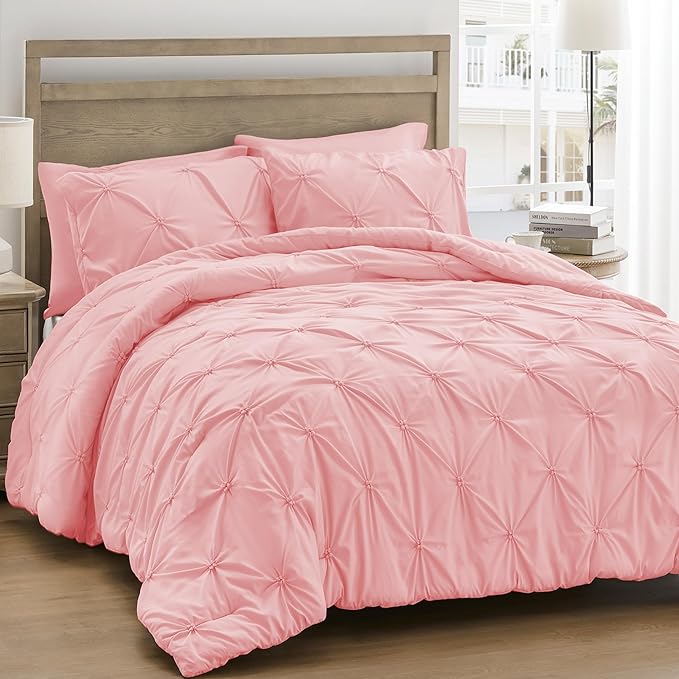 UNIKOME Queen Comforter Set Pink - Ultra Soft Boho Pintuck Down Alternative Bedding Set for All Seasons, 3 Pieces Lightweight Warm Pinch Pleat Bed Set with Comforter, 2 Pillowcases