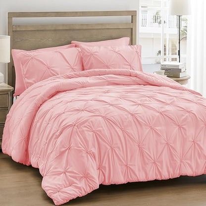 UNIKOME Queen Comforter Set Pink - Ultra Soft Boho Pintuck Down Alternative Bedding Set for All Seasons, 3 Pieces Lightweight Warm Pinch Pleat Bed Set with Comforter, 2 Pillowcases