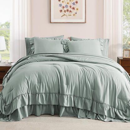 King Size Comforter Set Sage Green, Ruffle Shabby Chic Bedding Set Farmhouse 7 Pieces, All Season Fluffy Bed in a Bag with Sheets, Pillowcases & Shams