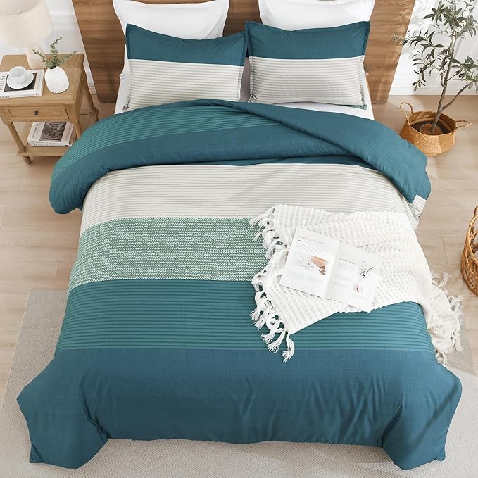 Litanika Comforter Set Queen Size Dark Teal - 3 Pieces Lightweight Colorblock Stripe Fluffy Bedding Comforter Sets, All Season Bed Set
