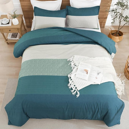 Litanika Comforter Set King Size Dark Teal - 3 Pieces Lightweight Colorblock Stripe Fluffy Bedding Comforter Sets, All Season Bed Set