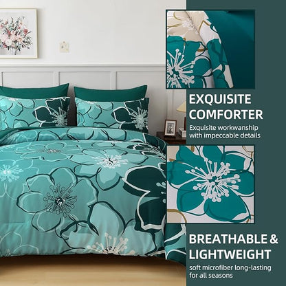 Anibedding 7Pieces Dark Green Floral Comforter Set Queen Size, Soft Microfiber Green Bed in a Bag Comforter Set with Sheets for All Season
