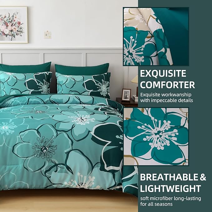 Anibedding 7Pieces Dark Green Floral Comforter Set King Size, Soft Microfiber Green Bed in a Bag Comforter Set with Sheets for All Season