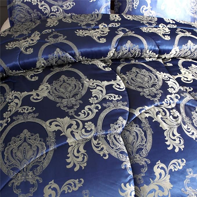 Comforter Set Satin Silk Blanket All Season Bed Luxury Royal Blue Jacquard Quilt Bedding Sets Matching 2 Pillow Shams (Full/Queen, 88x88 inches, 3 Pieces)