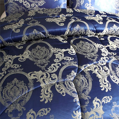 Comforter Set Satin Silk Blanket All Season Bed Luxury Royal Blue Jacquard Quilt Bedding Sets Matching 2 Pillow Shams (Full/Queen, 88x88 inches, 3 Pieces)