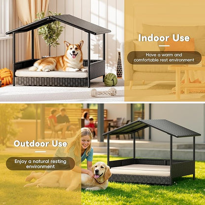 Greesum Wicker Dog House for Small/Medium Dogs, Outdoor Indoor Elevated Dog Shelter Dog Bed with Cushion, for Deck, Patio, Yard, Pool, Black House