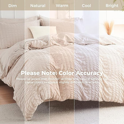 HYMOKEGE Beige Oversized Queen Comforter Set Seersucker 7 Pieces, All Season Luxury Bed in a Bag for Bedroom, Bedding Set with Comforter, Sheets, Pillowcases & Shams