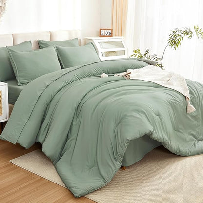 Litanika Comforter King Size Set Sage Green - 7 Pieces Bed in a Bag King Bedding Comforter Sets, Plain Lightweight Bed Set with Comforter, Sheets, Pillowcases & Shams