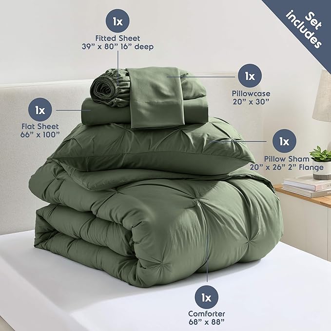 Nestl Twin XL Comforter Set 5 Piece - Pintuck Twin XL Bedding Set Olive Green, College Dorm Essentials Bed in a Bag, Twin XL Comforter Set for College Girls and Boys with Sheets, Pillowcase and Sham