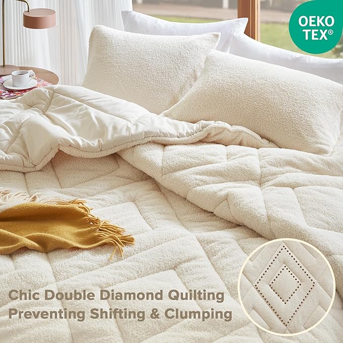 Comfort Spaces Queen Comforter Set Reversible Feather-Soft Plush Comforters for Queen Size Bed All Season Lightweight Shearling Fleece Sherpa Comforter Queen Size Bed Set, Full/Queen, Ivory 3 Piece