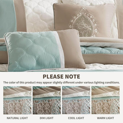 510 DESIGN Luxe Quilted Comforter Set Modern Transitional Design, All Season Down Alternative Warm Bedding Matching Shams, Bedskirt, Decorative Pillow, King, Shawnee Scrollwork Seafoam