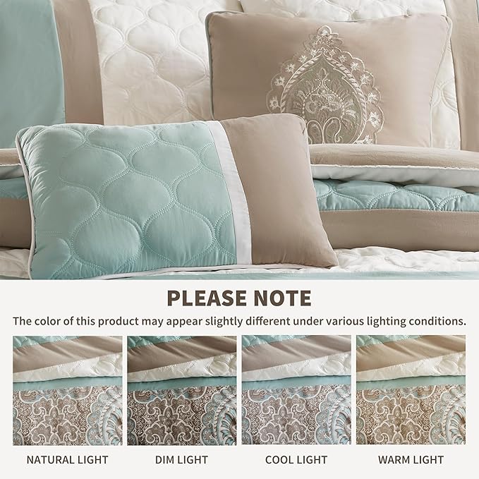 510 DESIGN Luxe Quilted Comforter Set Modern Transitional Design, All Season Down Alternative Warm Bedding Matching Shams, Bedskirt, Decorative Pillow, Queen, Shawnee Scrollwork Seafoam