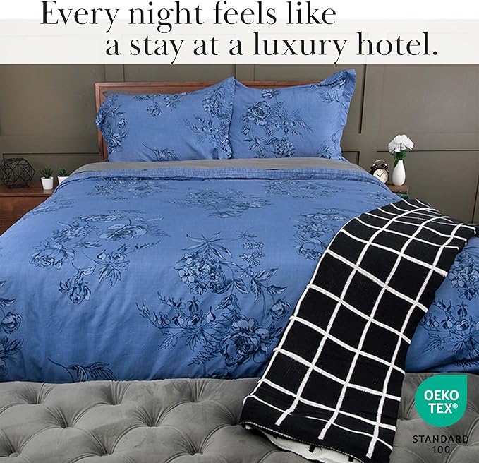 Southshore Fine Living, Inc. Comforter Full Size Set, Down Alternative Floral Comforter with Matching Shams, Reversible Print is 2 Colors in 1, Fits Full & Queen Beds, Blue & White