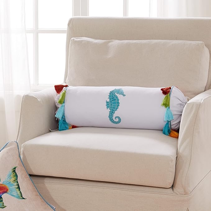 Levtex Home Seahorse Embroidered Neckroll, Coastal, Embroidered, 100% Cotton, Multi