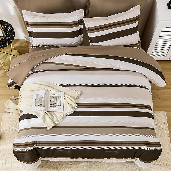 WONGS BEDDING King Size Comforter 7 Pieces, Brown King Comforter Set with Sheets, Striped Bed in a Bag Boho Lightweight Bedding Set for All Seaon (104"×90")