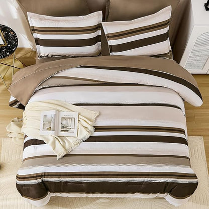 WONGS BEDDING King Size Comforter 7 Pieces, Brown King Comforter Set with Sheets, Striped Bed in a Bag Boho Lightweight Bedding Set for All Seaon (104"×90")
