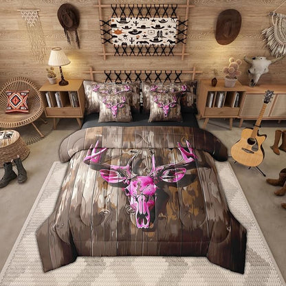 Erosebridal Aztec 7 Piece Bedding Set Queen Deer Skull Comforter Set with Sheets Board Camouflage Farmhouse Hunt Bed in a Bag Hunting Theme Purple Beige for Teens Men Women
