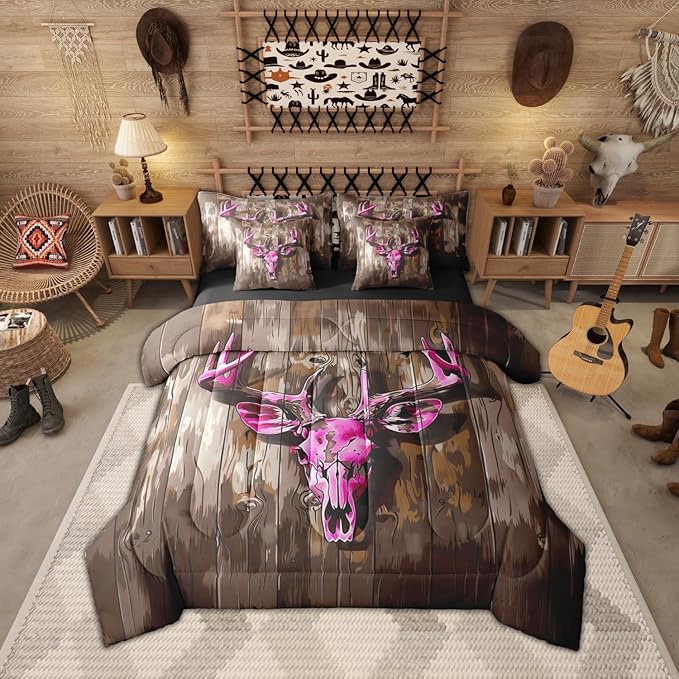 Erosebridal Aztec 7 Piece Bedding Set King Deer Skull Comforter Set with Sheets Board Camouflage Farmhouse Hunt Bed in a Bag Hunting Theme Purple Beige for Teens Men Women