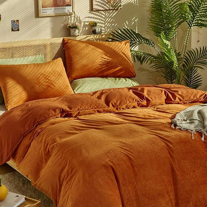 KAREVER Burnt Orange Color Velvet Comforter Set Full Solid Rust Color Flannel Velvet Bedding Comforter Set All Caramel Colour 3 PCs Shaggy Soft Warm and Durable Flannel Blanket Full