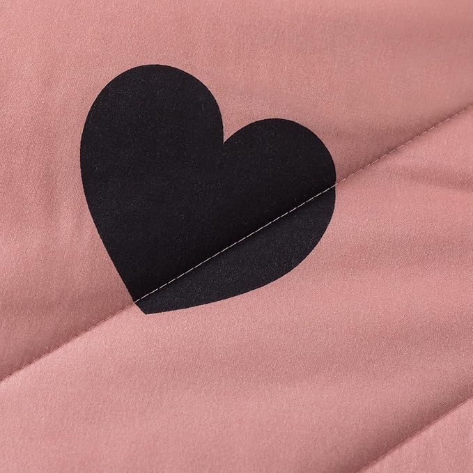 Caressma Love Pattern Cameo Brown Comforter Set Full Size, Pink Love Heart Sexy Comforter Bedding Set for All Seasons, Geometric Microfiber 3 Pieces Comforter Set with Pillowshams