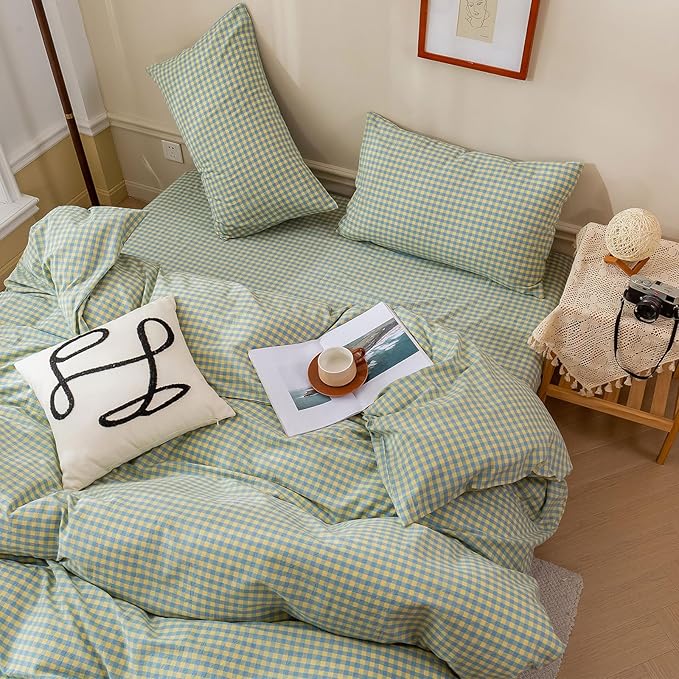 HighBuy Green Gingham King Comforter Set Blue Grid Plaid Bedding Comforter Set Fluffy Lightweight Soft Modern Checkered Pattern Comforter Set for All Season,Gingham Grid Bedding Set 3 Pieces
