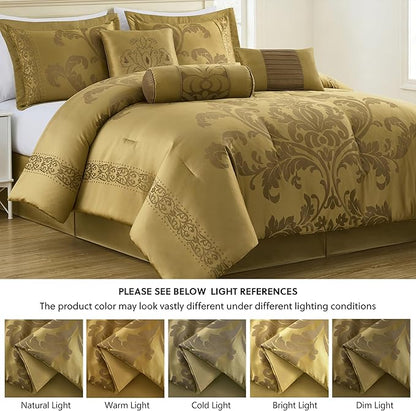 Chezmoi Collection 7-Piece Jacquard Floral Comforter Set (King, Gold)