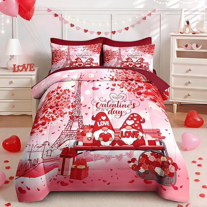 Nesker 7 Pcs Valentine's Day Comforter Set Queen Size, Romantic Love Gnomes Bedding Set for Kids and Adults, Cute Sweet Heart Sheets Bed Sheet Sets with Fitted Sheet 2 Pillowcases & 2 Shams