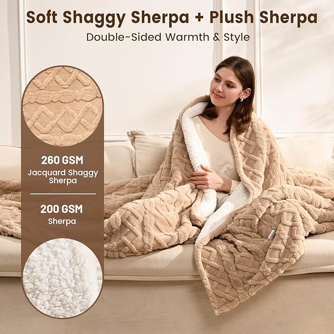 Heated Blanket Electric Twin Size - 62"x84" Electric Blanket with 9 Heat Levels and 1-10 Hours Timer, Soft Jacquard Fleece & Sherpa Washable, Great Gift Idea - Beige
