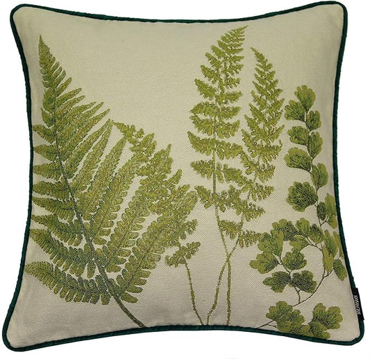 McAlister Textiles Decorative Tapestry Throw Pillow Cover Scatter Cushion with Fern Tapestry Design & Green Velvet Backing for Lounge, Bedroom & Garden.