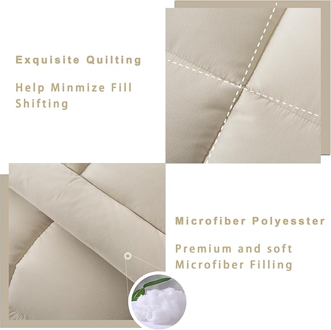 DOWNCOOL Queen Comforter Set -All Season Bedding Comforters Sets with 2 Pillow Cases-3 Pieces Bedding Sets Queen -Down Alternative Beige Queen Size Comforter Sets(88"x92")