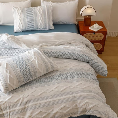 KAREVER Ivory Blue Boho Comforter Set Queen Mixed Textures Jacquard Bedding Set Durable Chic and Stylish Bedroom Set