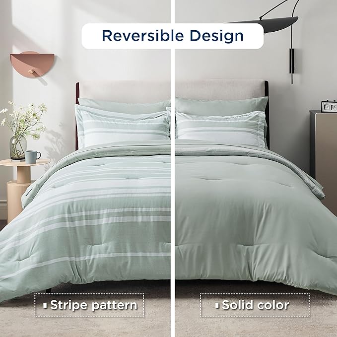 Bedsure Twin Comforter Set 5 Pieces, Sage Green Striped Bedding Set for All Seasons, Reversible, Cationic Dyeing Bed in a Bag with Comforter, Sheets, Pillowcase & Sham