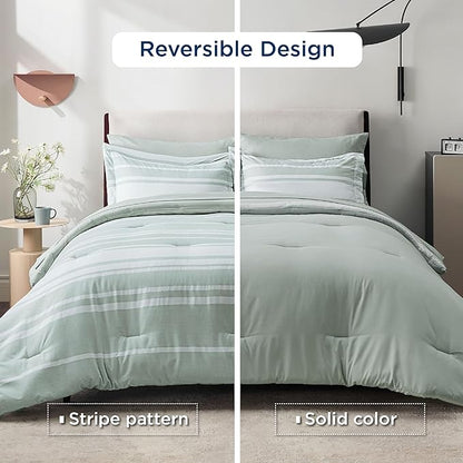 Bedsure King Comforter Set 7 Pieces, Sage Green Striped Bedding Set for All Seasons, Reversible, Cationic Dyeing Bed in a Bag with Comforter, Sheets, Pillowcases & Shams