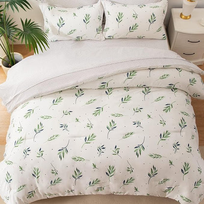 EMME Twin Comforter Set - Sage Green Floral Bedding Sets 5 PCS with Nature Leaves Pattern, Soft Leaf Printed Botanical Bed Set with Sheets, Fluffy Bed Bag for All Season(68"X90")