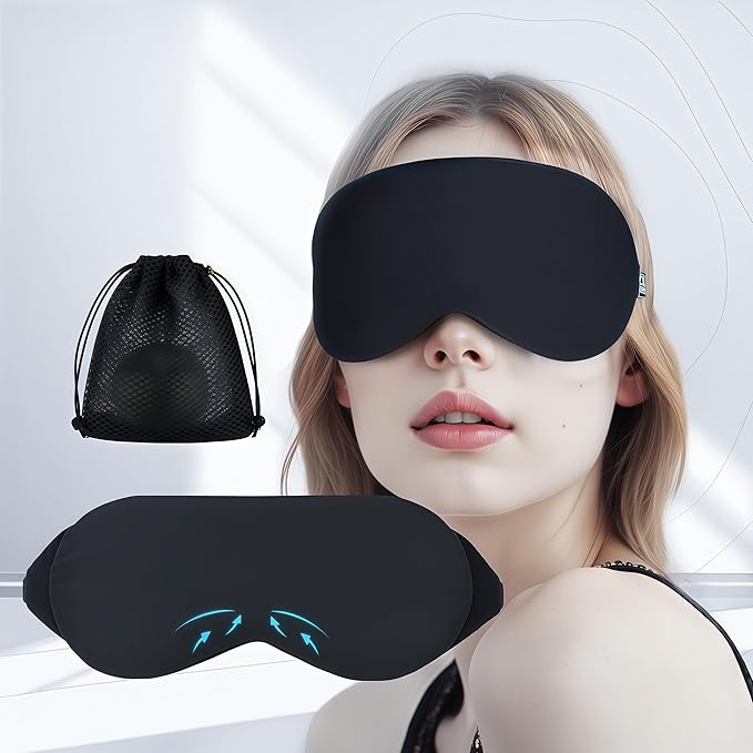 Cooling Cotton Eye Sleep Mask for Men & Women, Soft & Breathable, Pressure-Free Design for Side Sleepers, Adjustable Light Blocking Mask for Sleeping, Travel & Naps (Black)