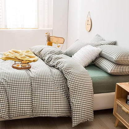 mixinni Green Gingham Comforter Set Full, Plaid Comforter Set 3 Pieces 1 Green Grid Comfoter with 2 Pillow Cases for All Seasons, Soft Fluffy Modern Grid Pattern Printed Bedding-Full Size