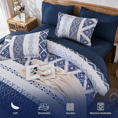 Luxudecor Blue Comforter Set King Size 7 Pieces,Boho Aztec Comforter with Sheet Set,Geometric Striped Pattern Bed in a Bag,Soft Microfiber Bed Set 104"x90"