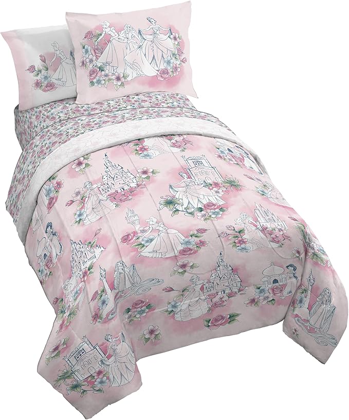 Jay Franco Kids Comforter Set Includes Sheets and Pillow Covers - Soft and Cozy Bed Set for Stylish Room Decor, Pink - Disney Princess, 7 Piece Full Bedding