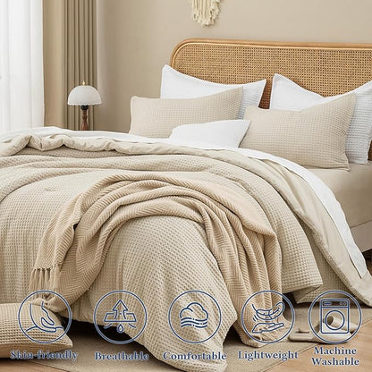 David's Home Waffle Weave Comforter Set 3PCS Queen Size, Soft Breathable Lightweight Cozy Skin-Friendly Warm for All Season, Elegant Aesthetic Home Decor Bedding Set with Pillow Shams, Linen