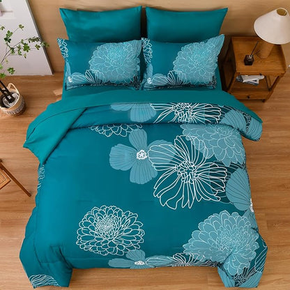 California King Comforter Set,Teal Elegant Floral Print Bed in a Bag 7 Pieces Comforter,Ultra Soft & Breathable Soft Microfiber Boho Bedding Set with Flat Sheet Fitted Sheet Pillowshams Pillowcases