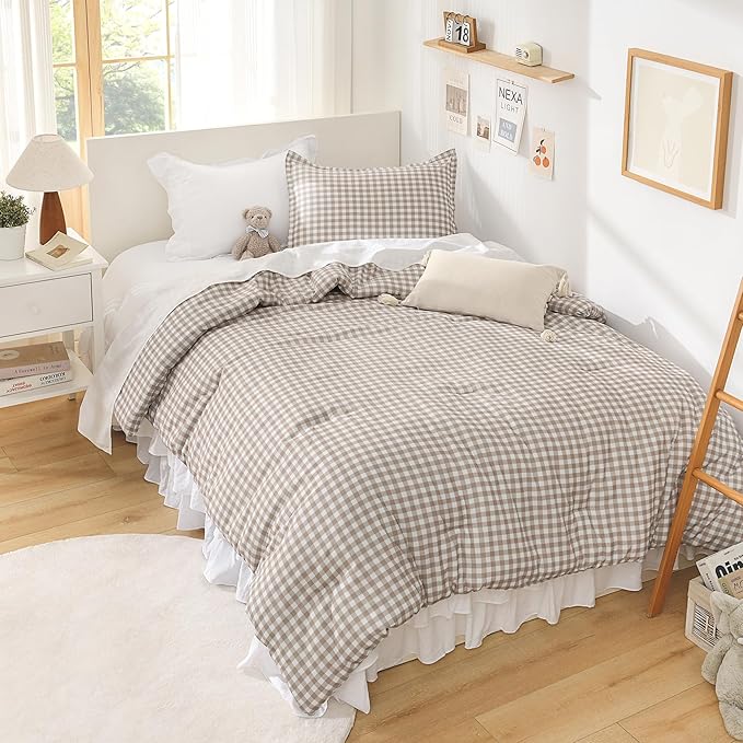 Andency Tan Gingham Comforter Set Full(79x90Inch), Brown Checkered Grid Plaid Buffalo Bed Set for Girls Boys Kids Teens, 3 Pieces Lightweight Microfiber Geometric Preppy Bedding