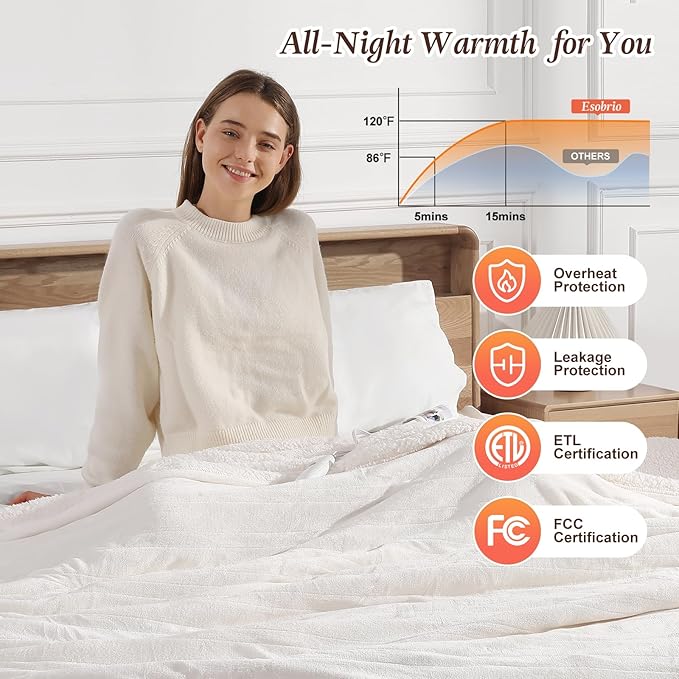 Heating Blanket Queen 84X90in Electric Blanket Queen Size, Washable Heated Blanket with Ultra Soft Flannel and Sherpa Fleece, 5 Heat Levels & 10hr Auto-Off Warming Blanket for Grandma Birthday (White)