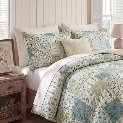 Vintage Floral Comforter Set King 100% Cotton Blue Patchwork Bedding Comforter Sets All Season 3 Pieces Shabby Chic Breathable Soft Comforter(Blue Patchwork, King)