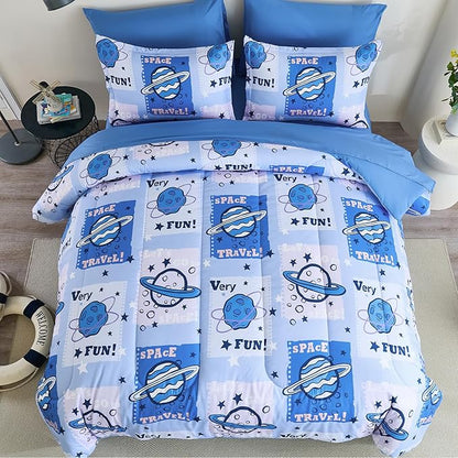 Drucon Kids Space Comforter Set Bed in A Bag Queen Size 7 Piece Cartoon Planets Bedding Set for Teens Boys Girls