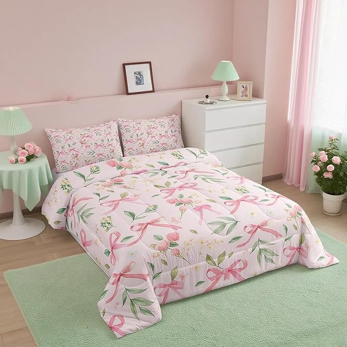 Feelyou Bow Bedding Set Boys Girls Full Size Pink Girls Bow Comforter Set Ultra Soft Cute Bowknot Comforter Floral Flower Duvet Set