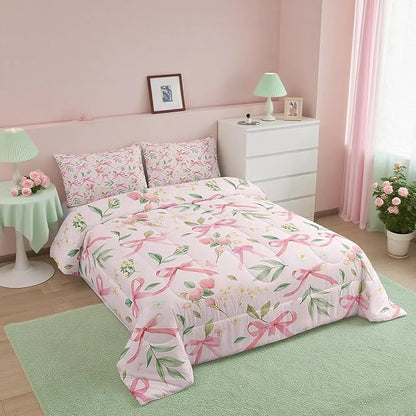 Feelyou Kawaii Bow Bedding Set Boys Girls Queen Size Pink Girls Bow Comforter Set for Kids Women Men Ultra Soft Cute Bowknot Duvet Quilt Floral Flower Room Decor